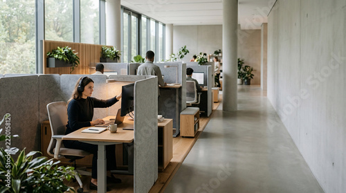 Modern office cubicles with employees working on laptops, concept for corporate workspace design, business productivity and IT support