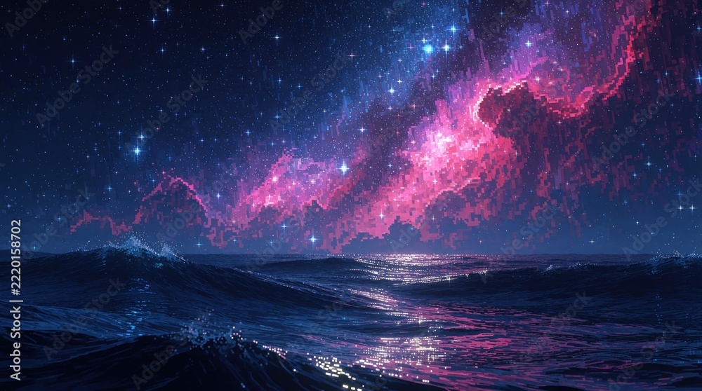 Fototapeta premium Pixel art illustration of cosmic night sky over ocean waves. Vibrant pink, blue galaxy clouds glow above dark sea horizon. Digital nebula with bright stars shines over deep water surface in retro