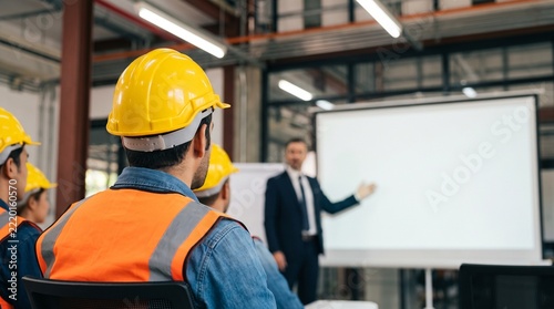 Workers Attending Health And Safety Training Presentation In Factory
