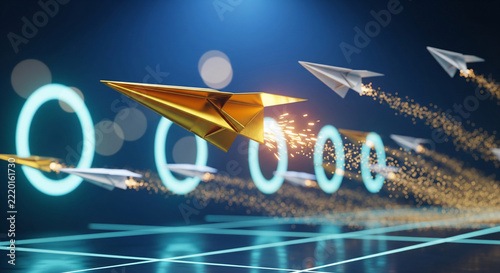 Golden paper airplane racing through glowing neon rings ahead of white planes, perfect for leadership concepts, business growth and startup success