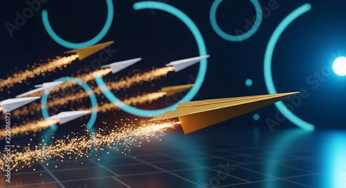Golden paper airplane with glowing sparks soaring forward on dark grid background, ideal for business growth, innovation and leadership concepts