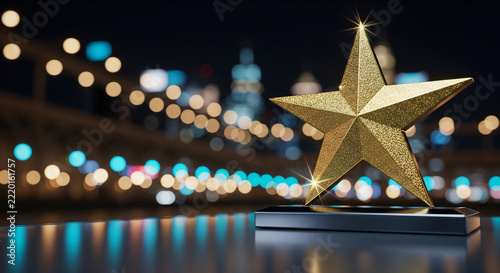 Golden star trophy on reflective surface with blurred night city lights, ideal for award ceremonies, corporate recognition and success promotions
