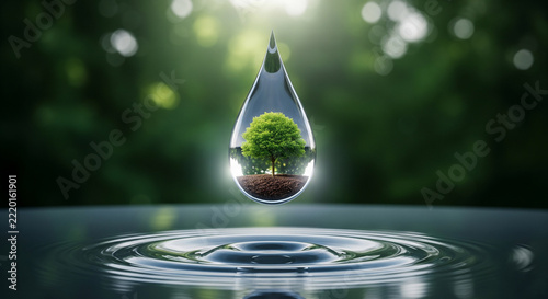 Green tree in water droplet, above ripples, soft green background, perfect for environmental protection, sustainable living and eco-friendly concepts.