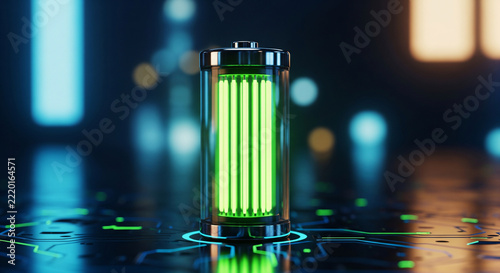 Vibrant 3D render of a full battery with green glow on a dark futuristic circuit board, ideal for energy efficiency, power solutions, and technology promotion.
