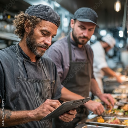 Professional chefs reviewing kitchen operations and food service strategy on a tablet