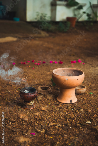 Mayan welcome offering, featuring incense, natural pigments, and flowers.
