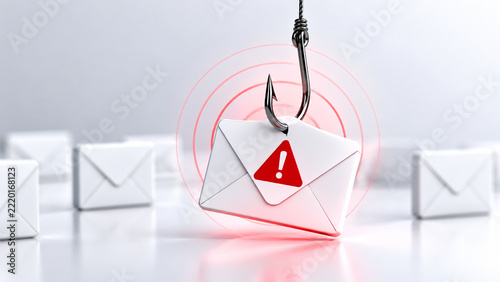 Email phishing concept a fishing hook impaling an envelope with a red warning symbol symbolizing danger and cyber threats