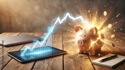 Financial Explosion Concept With Tablet Growth Chart Connecting To Cracking Piggy Bank And Gold Coins