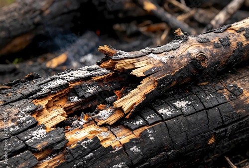 A broken burnt tree branch lying across a burnt log, partially consumed by fire with deep cracks, hollow sections, and fine ash dust covering the surface.