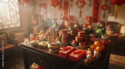 Traditional Chinese New Year Altar with Offerings and Decorations.