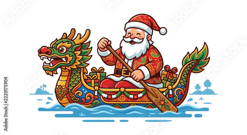 Santa Claus paddling a decorated dragon boat filled with gifts across the water