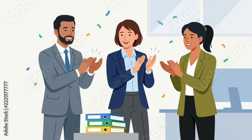 Diverse team celebrating success with applause and confetti in modern office setting