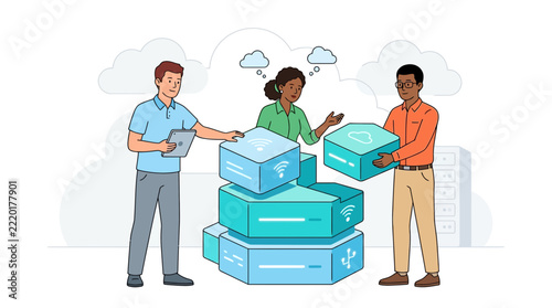 Diverse Team Collaborating on Cloud Computing and Data Storage Solutions
