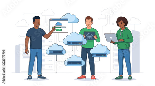 Diverse Team Collaborating on Cloud Computing Infrastructure and Data Transfer