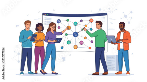 Diverse Team Collaborating on Digital Network Diagram with Icons, Project Management, and Technology Concepts