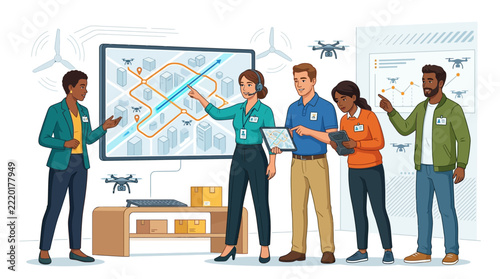Diverse team collaborating on drone delivery logistics and urban planning using digital map and data visualization