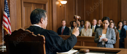Asian judge in a black robe presiding over a legal proceeding, holding a gavel high with a court reporter taking notes and a diverse jury observing the proceedings in the courtroom, wide banner