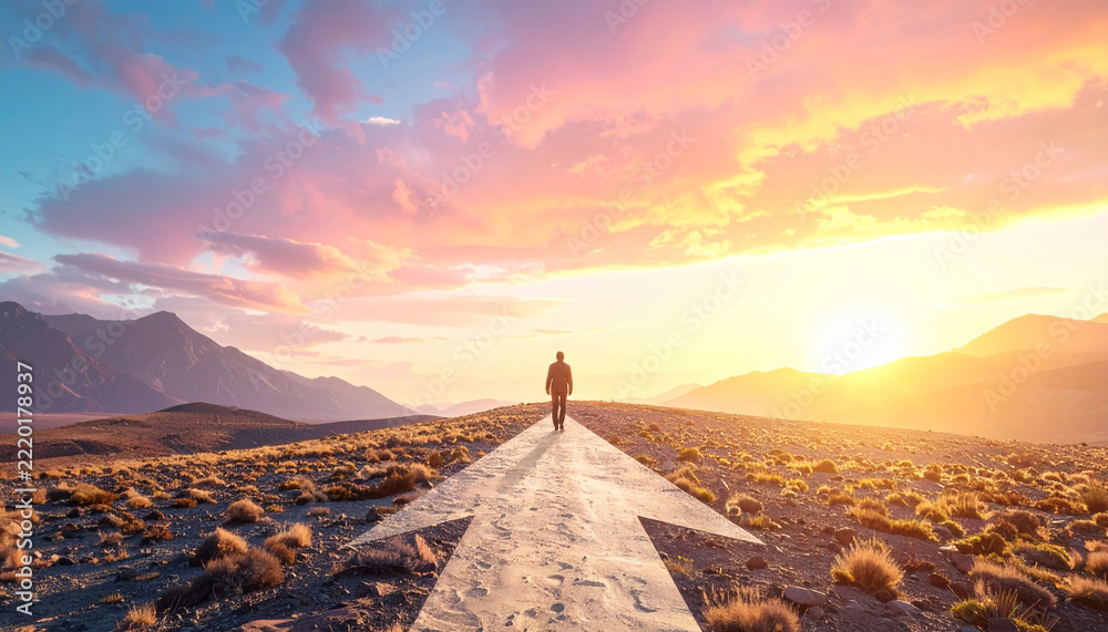 Naklejka premium A person walks along a path shaped like an arrow, symbolizing future success and personal growth. The sunset landscape evokes inspiration, ambition, and determination for a new professional journey.