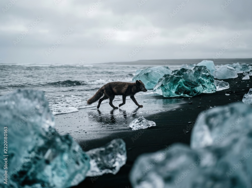 Fototapeta premium Arctic fox crossing black sand beach among ice fragments