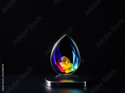 Small abstract beautiful glass and gemstone sculpture on a metal stand and dark background - luxury beauty graphical template background