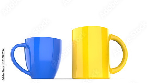 Blue and yellow big coffee mugs - isolated on white background