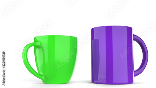 Green and purple coffee mugs - isolated on white background