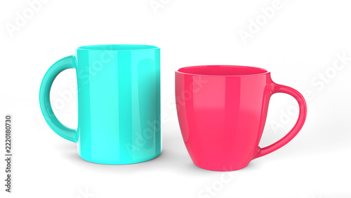 Baby blue and baby pink coffee mugs - isolated on white background