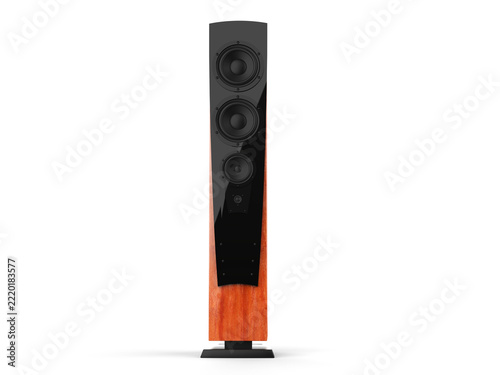 High tower speaker with shiny black panel and wood casing