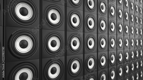 Wall of sub woofer bass speakers with white center canvas