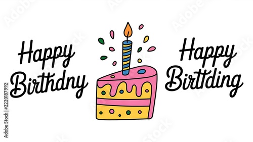 Set of happy birthday greeting cards with a piece of festive cake with a lit candle, confetti, congratulatory text on a white background; simple hand drawn vector illustration; drawing, flat style 
