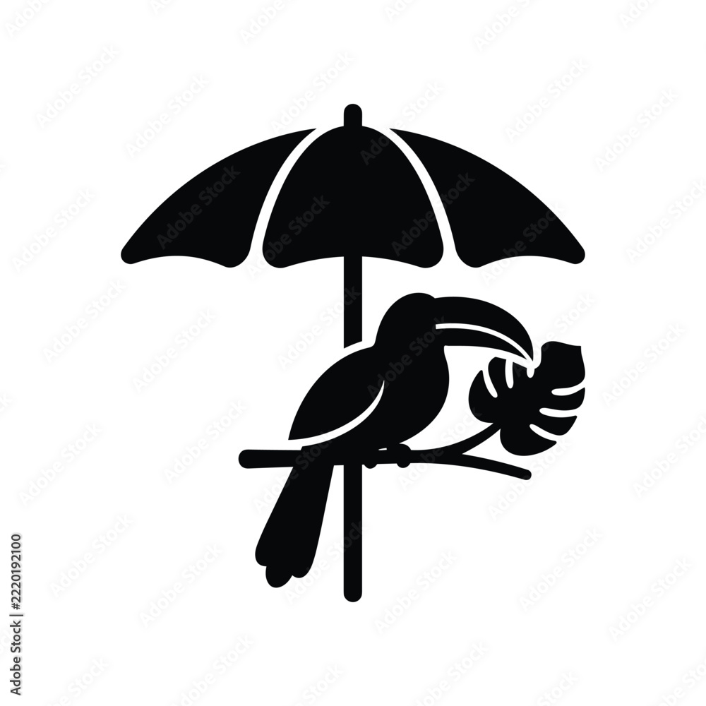 Fototapeta premium Toucan bird sitting on branch under tropical sun umbrella.