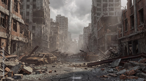 A desolate city street in ruins featuring collapsed buildings, debris, and burnt-out cars under a gloomy, overcast sky, representing a post-apocalyptic world.