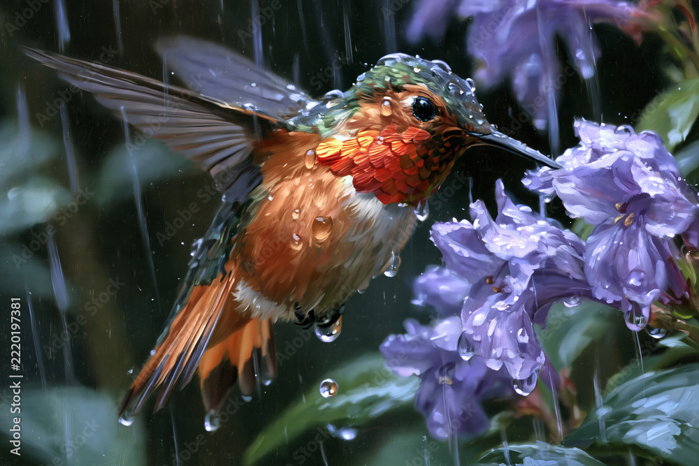 Fototapeta premium Hummingbird hovering near purple flowers in the rain