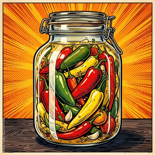 Vintage Jar Filled with Colorful Pickled Peppers and Vegetables