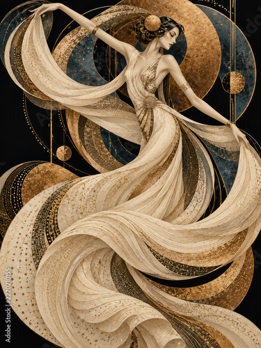 Elegant Art Deco Dancing Woman in Flowing Ivory and Gold Gown with Golden Geometric Ornaments