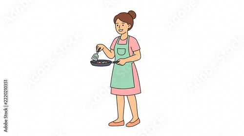 clipart illustration of a single housewife character cooking with a frying pan held in one hand and a cooking spatula in the other
