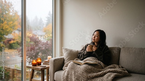 Serene Woman Enjoying Warm Hot Drink Wrapped in Knit Blanket by Rainy Window in Cozy Hygge Home Concept