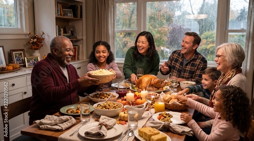 Happy Diverse Family Laughing and Sharing Food During Cozy Thanksgiving-Inspired Meal with Rain on the Window