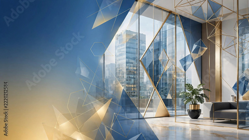 Luxury Modern Office Interior With Gold Glass Partitions And City View