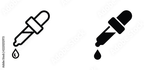 Medicine dropper icon set with liquid drops, featuring outline and solid black styles for pharmacy, laboratory testing, skincare, healthcare, and scientific research