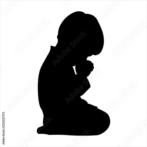 Isolated illustration of a silhouette of a child kneeling, praying, bowing his head or crying for religious themed icons and religious activities.