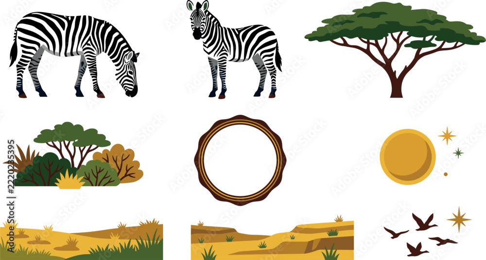 Naklejka premium Zebra Illustration Set with African Savanna Elements, Including Trees, Grass, Sun, and Birds