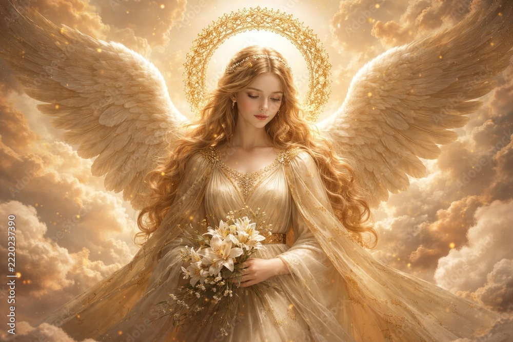 Fototapeta premium Ethereal angelic figure amidst clouds.