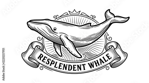 Vintage Humpback Whale Logo with Crown and Ribbon Banner, Engraved Nautical Sea Creature Illustration