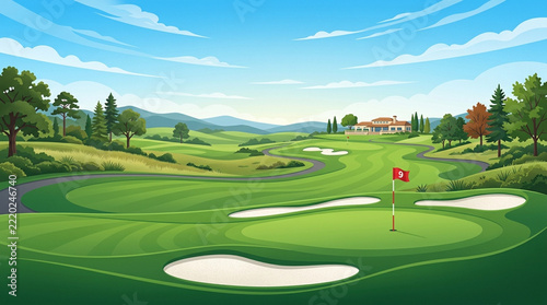 Golf course landscape illustration with fairway and red flag on green