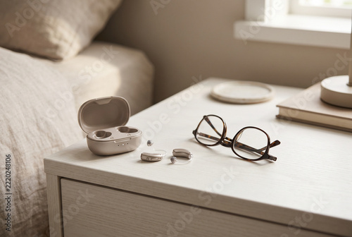 Hearing aids and eyeglasses on a bedside table