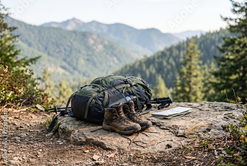 Hiking backpack and boots at a mountain trailhead