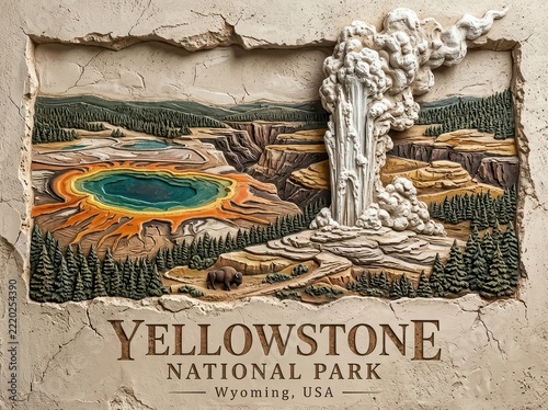 Yellowstone National Park Wyoming 3D Bas Relief Carving Plaster Wall Art Mural