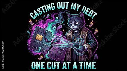 Casting Out My Debt One Cut At A Time Priest Cat Cutting Evil Credit Card Scissors Vector Design