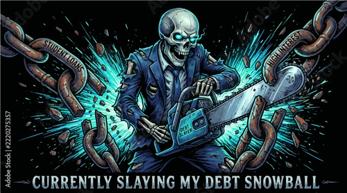 Currently Slaying My Debt Snowball Skeleton In Suit With Chainsaw Slicing Chains Vector Design